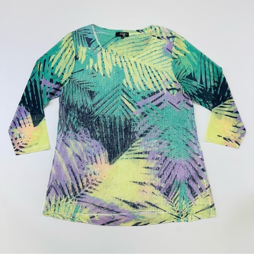 Orly womens top green yellow mesh scoop neck lightweight Small Cruisewear